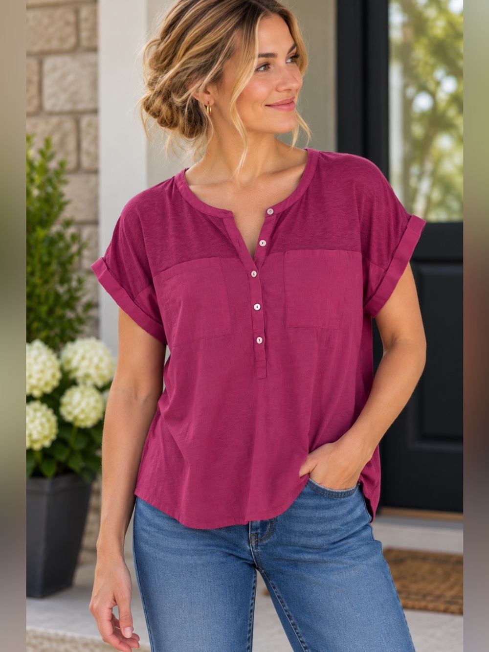 Lucky Brand Women’s Pink Magenta Mixed Media Henley Blouse Large